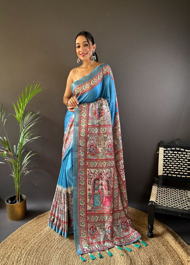 Blue Madhubani Tussar Silk Saree