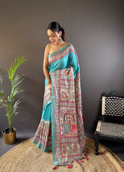 Sky Blue Madhubani Tussar Silk Saree