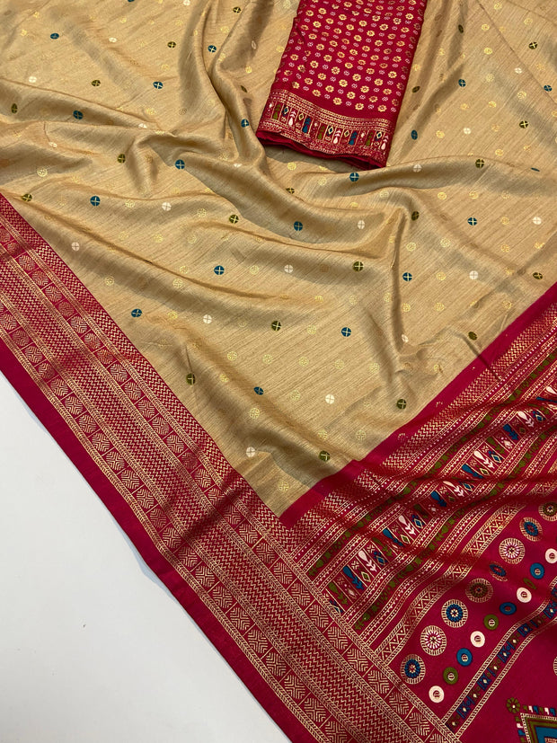 Beige Moonga Crepe Patola Saree