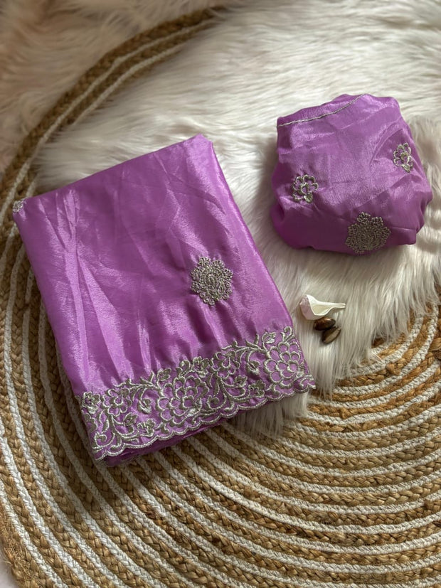 Lavender Chinon Party Wear Embroidery Saree