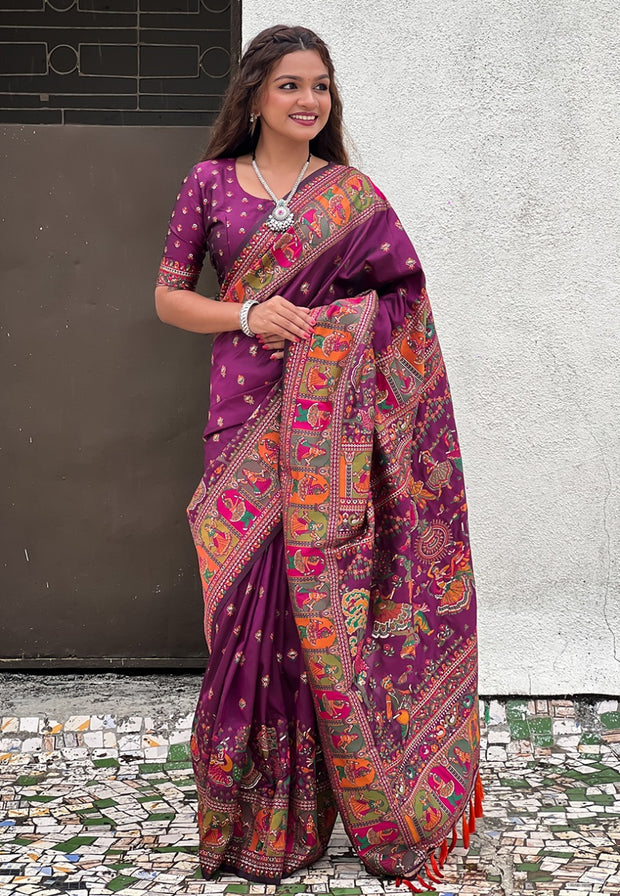 Burgundy Pashmina Meenakari Saree