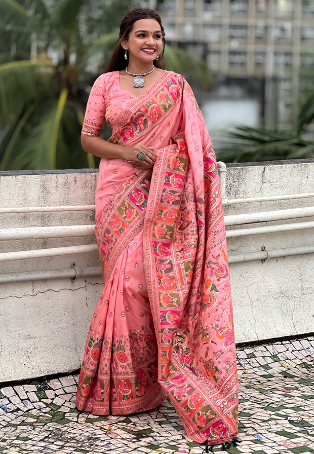 Baby Pink Pashmina Meenakari Saree