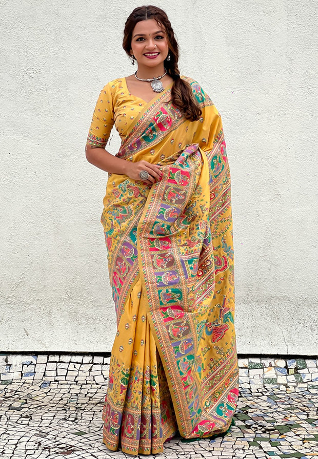 Yellow Pashmina Meenakari Saree