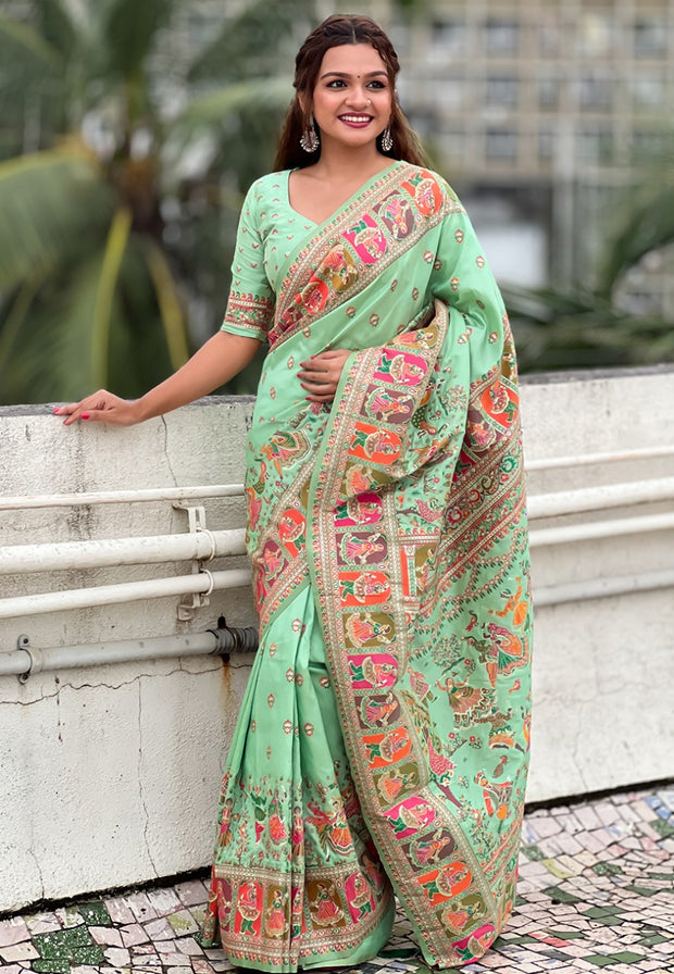 Pista Green Pashmina Meenakari Saree