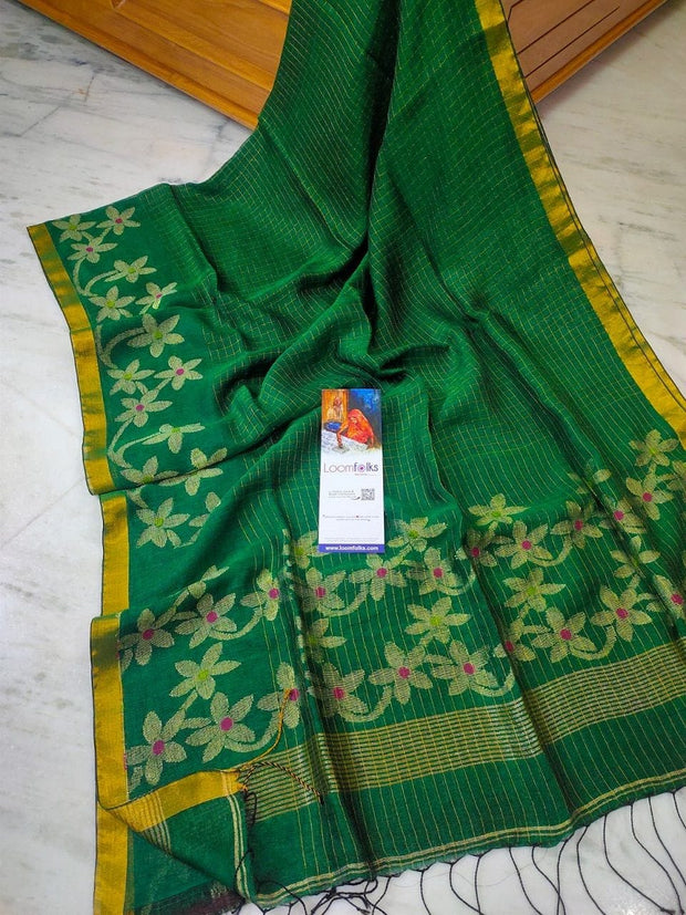 Bottle Green Linen By Linen Saree