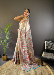 Off White Madhubani Tussar Silk Saree