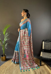 Blue Madhubani Tussar Silk Saree