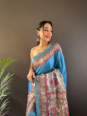 Blue Madhubani Tussar Silk Saree