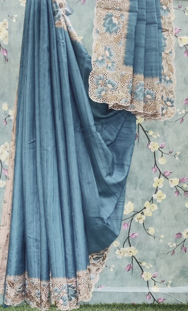 Blue Cutwork Tussar Silk Saree 3Oct3