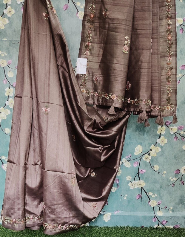 Brown Tussar Silk Embroidered Saree 3Oct8