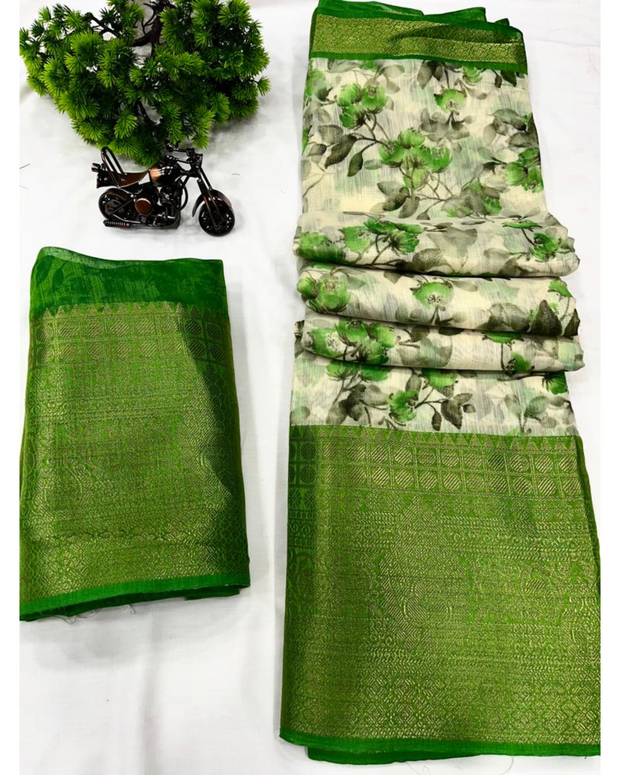 Green Floral Printed Soft Cotton Saree