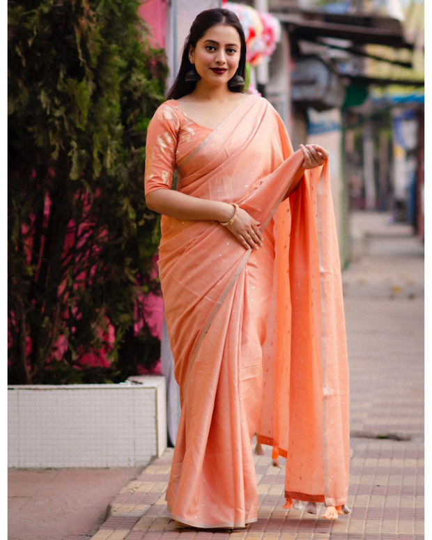 Orange Soft Cotton Lenin Saree