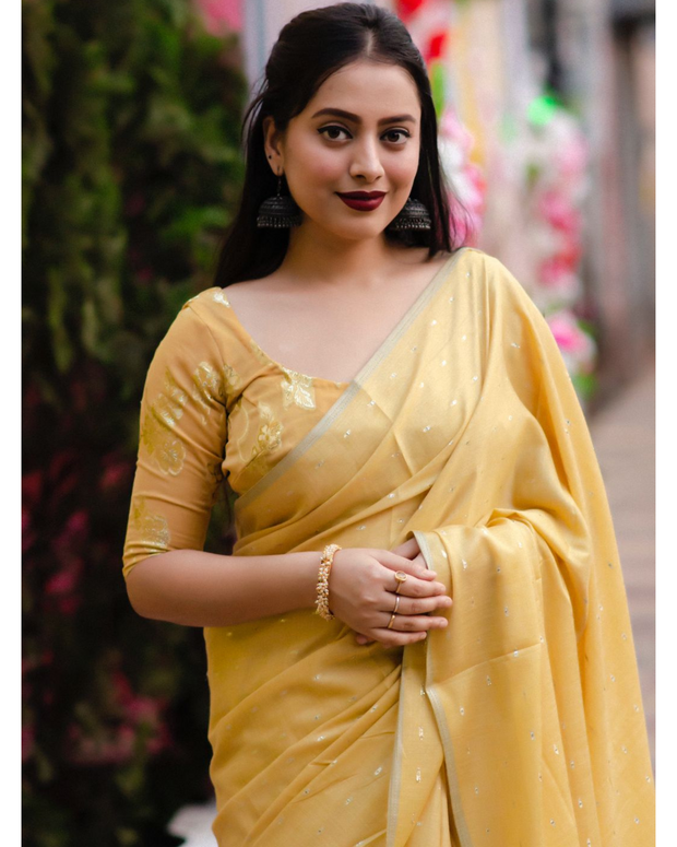 Yellow Soft Cotton Lenin Saree