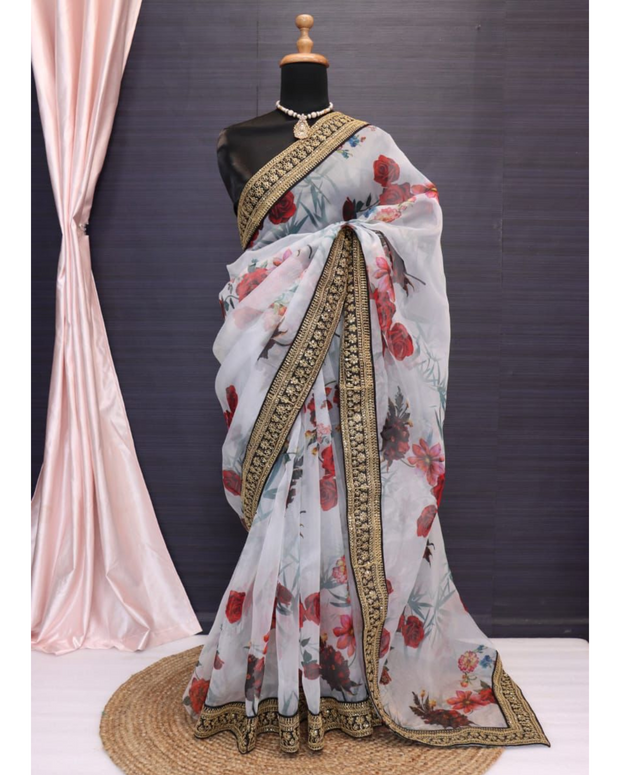 White Organza Digital Printed Saree