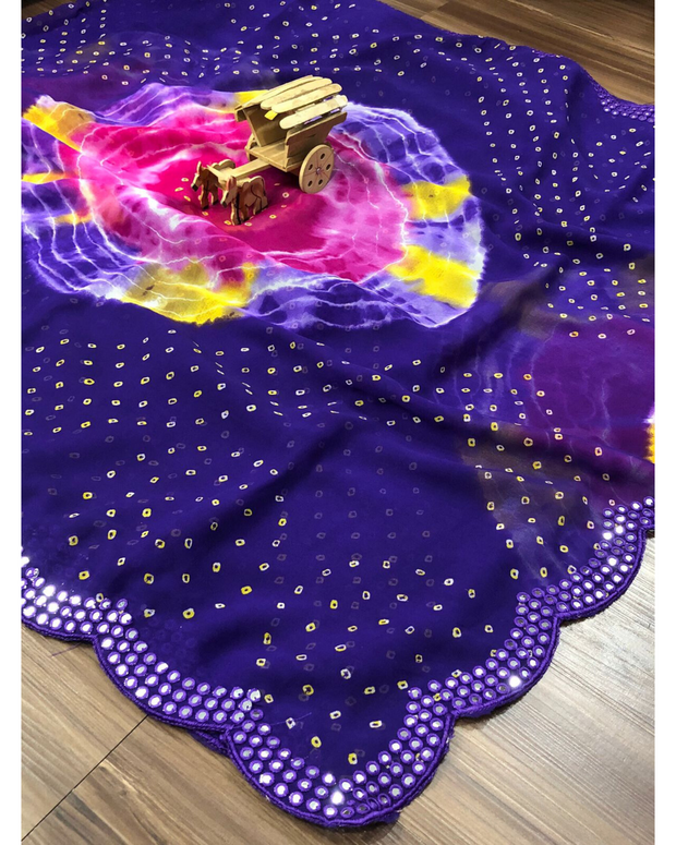 Purple Bandhani Mirror Work Saree