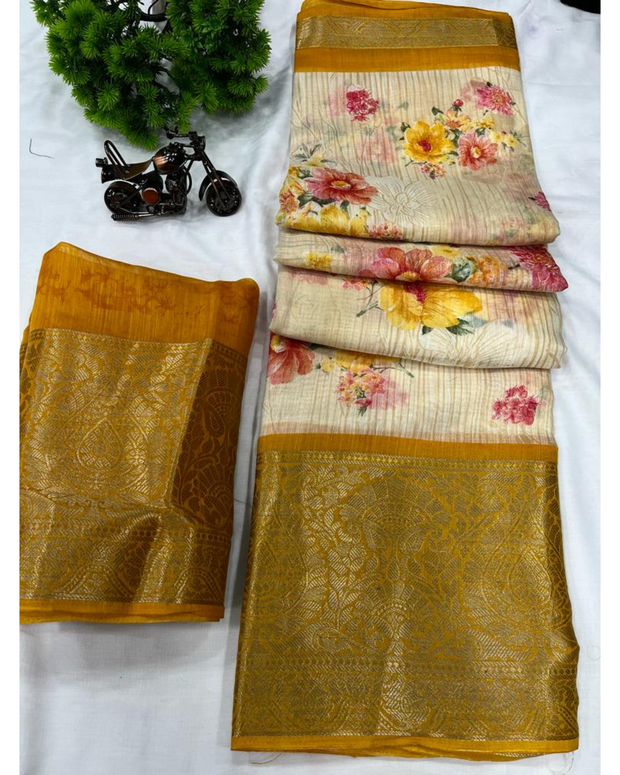 Mustard Floral Printed Soft Cotton Saree