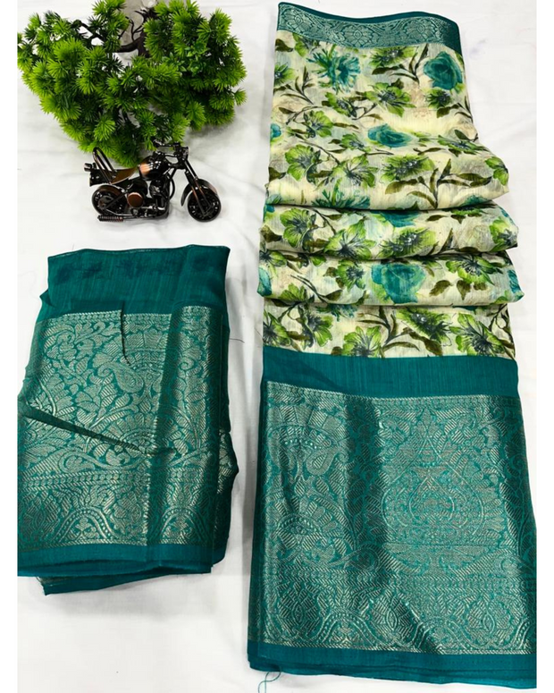 Teal Green Floral Printed Soft Cotton Saree
