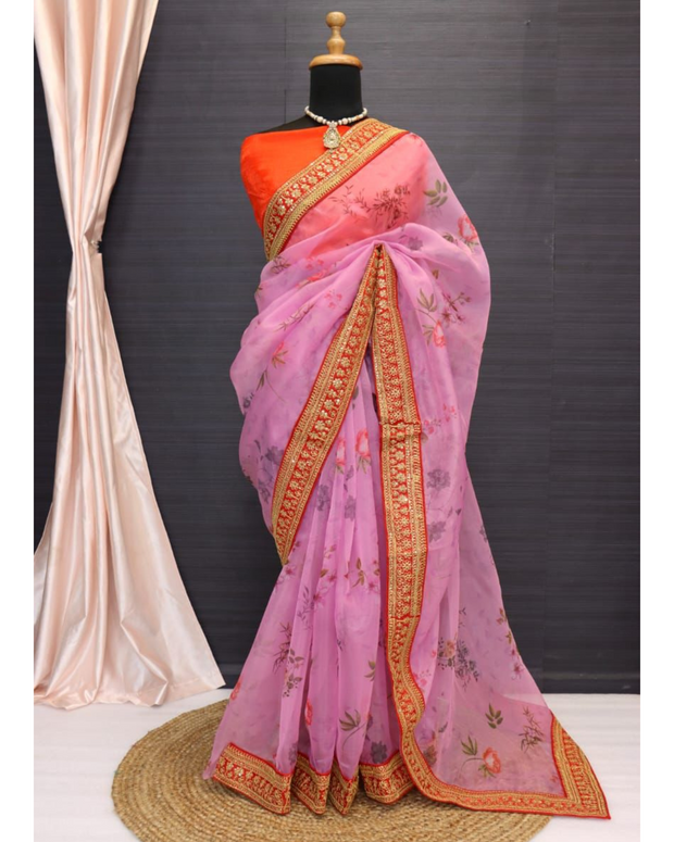 Pink Organza Digital Printed Saree