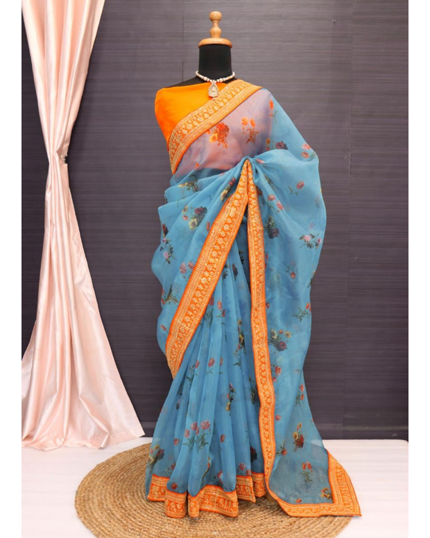 Blue Organza Digital Printed Saree