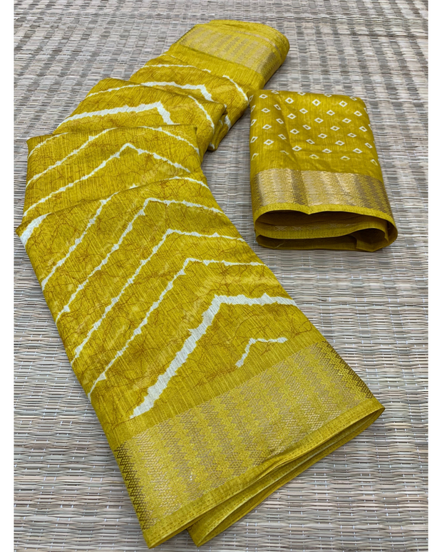 Mustard Tussar Silk Leheriya Saree