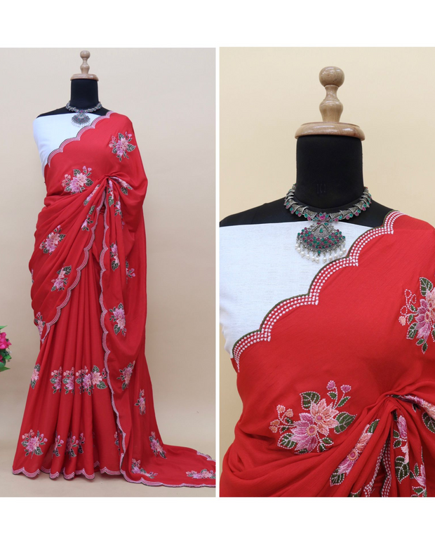 Red Embroidered Silk Saree