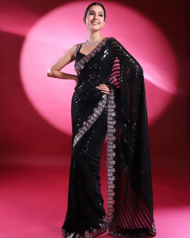 Black Georgette Sequins Saree Colours Available