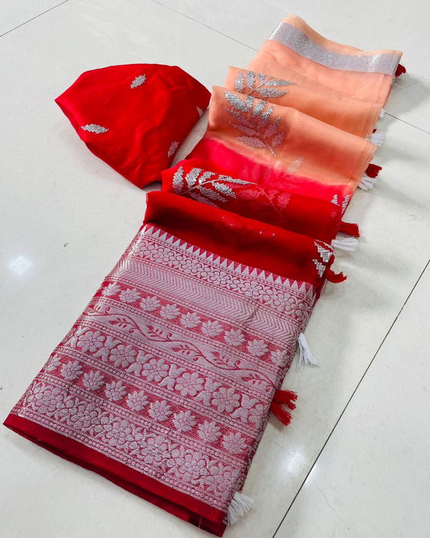 Peach And Red Shaded Kanchipuram Organza Saree
