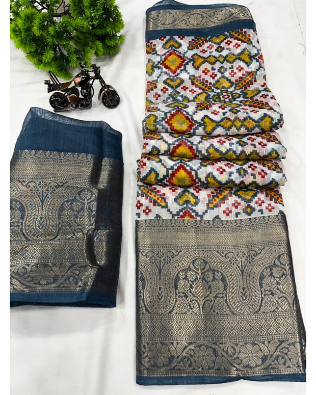 Dark Grey Patola Printed Soft Cotton Saree