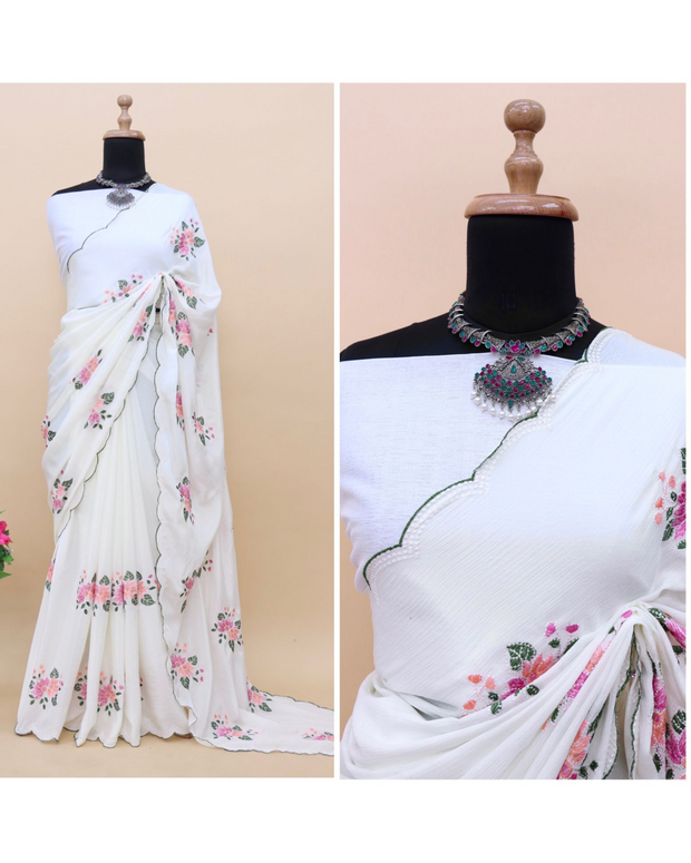 Off White Embroidered Silk Saree