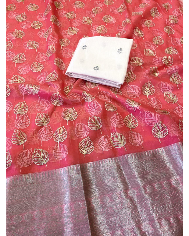 Peach Organza Foil Printed Saree