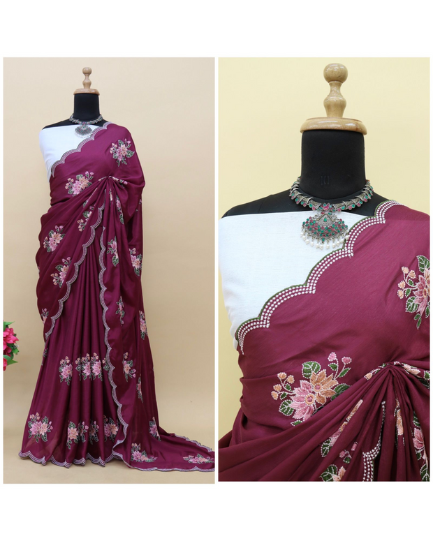 Burgundy Embroidered Silk Saree