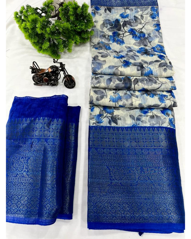 Blue Floral Printed Soft Cotton Saree