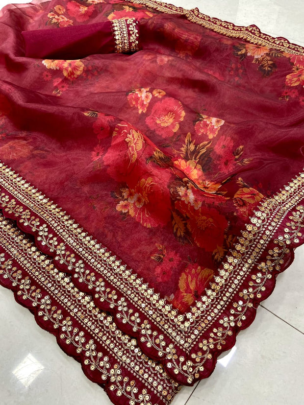 Dark Red Digtial Printed Organza Saree