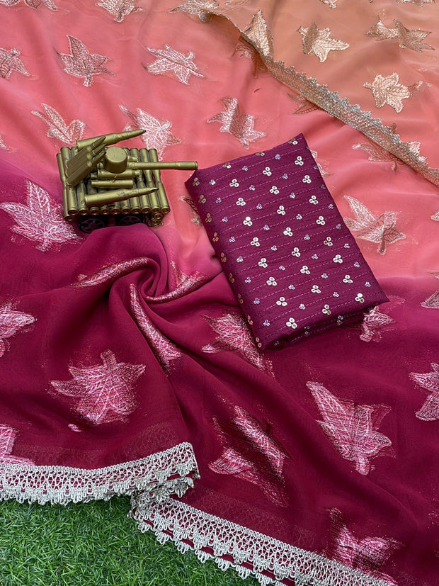 Peach Pink Georgette Jacquard Saree