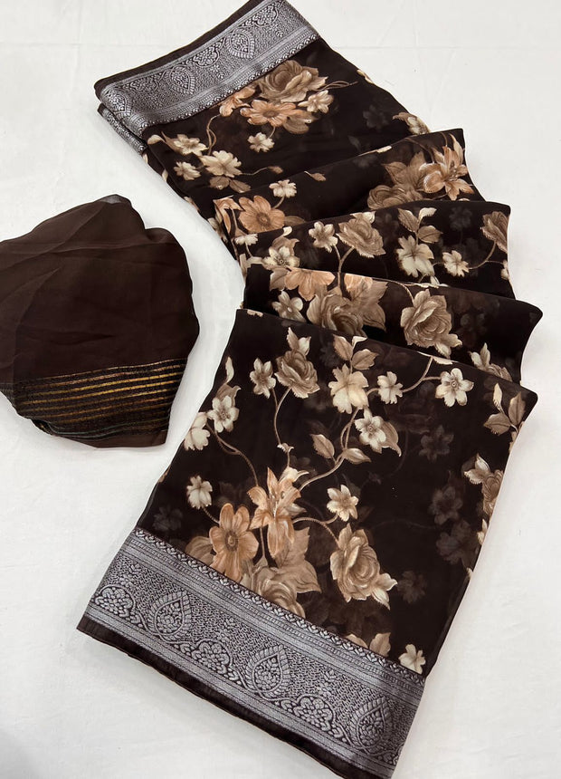 Brown Floral Printed Georgette Saree