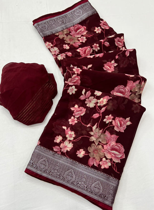 Maroon Floral Printed Georgette Saree