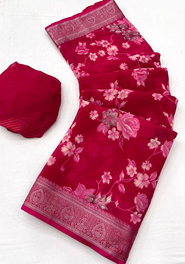 Pink Floral Printed Georgette Saree