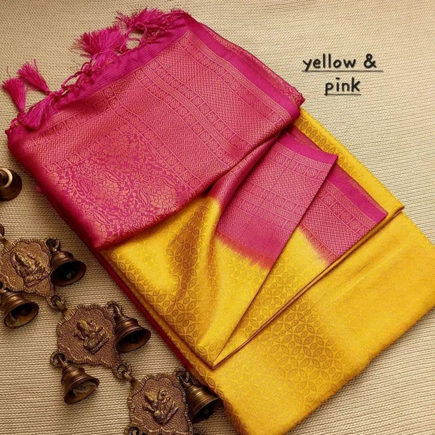 Yellow Kubera Pattu saree - Yellow and pink colour